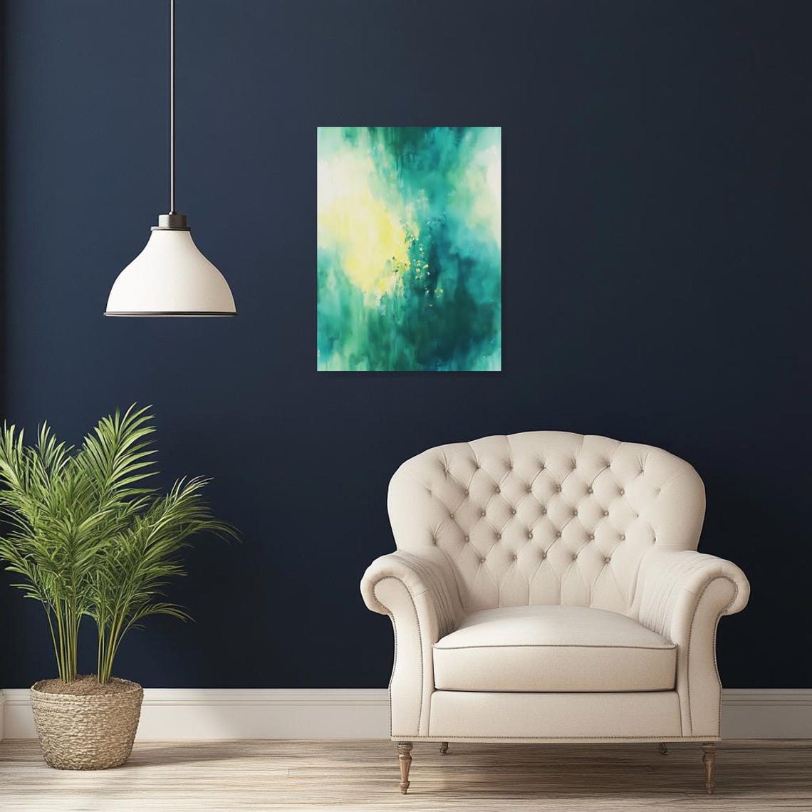 Dreamy Teal and Yellow Abstract Watercolor Mist Painting Poster - Image 3