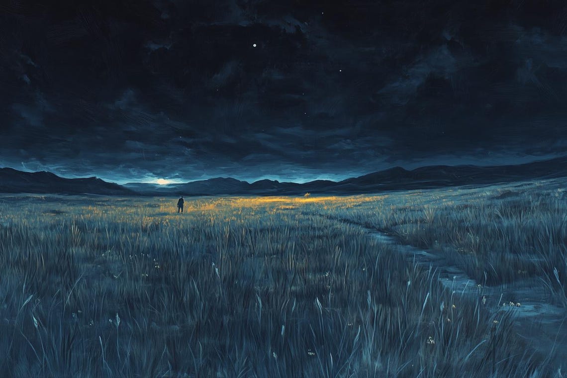 Lone Silhouetted Figure Standing in a Moonlit Grassy Field Poster