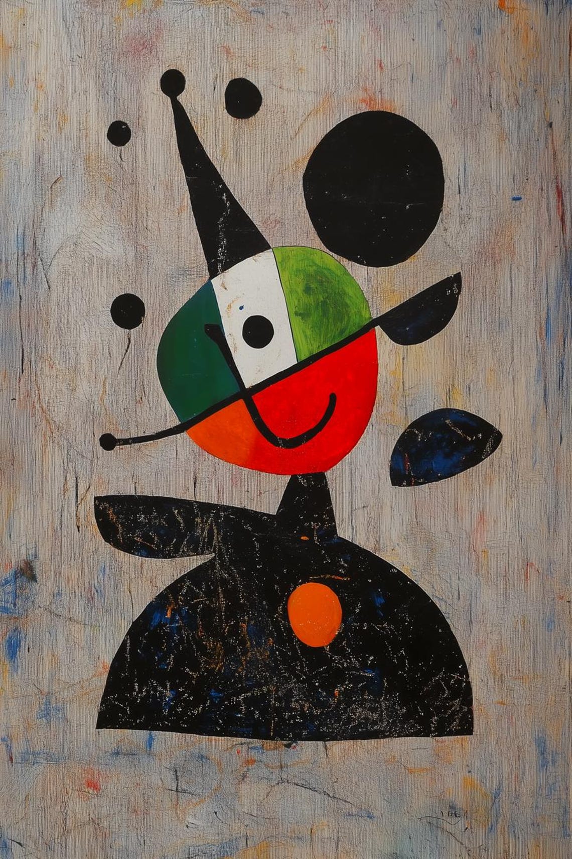 Playful Miró Style Abstract Clown Figure in Bright Color Poster