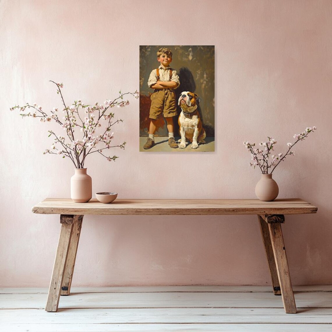 Vintage Portrait Boy With English Bulldog Classic Painting Wall Poster - Image 2