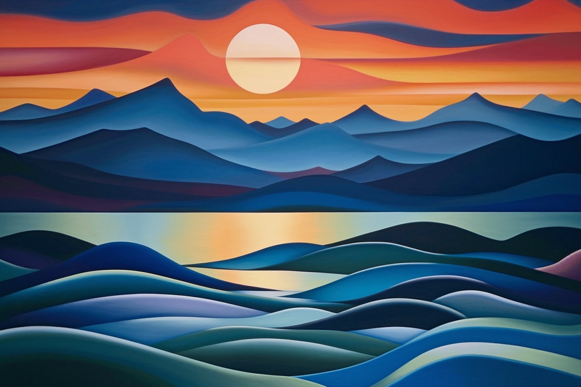 Georgia Okeeffe Inspired Serene Sunset Over Purple Mountains Lake Artwork Majestic Wall Decor Custom