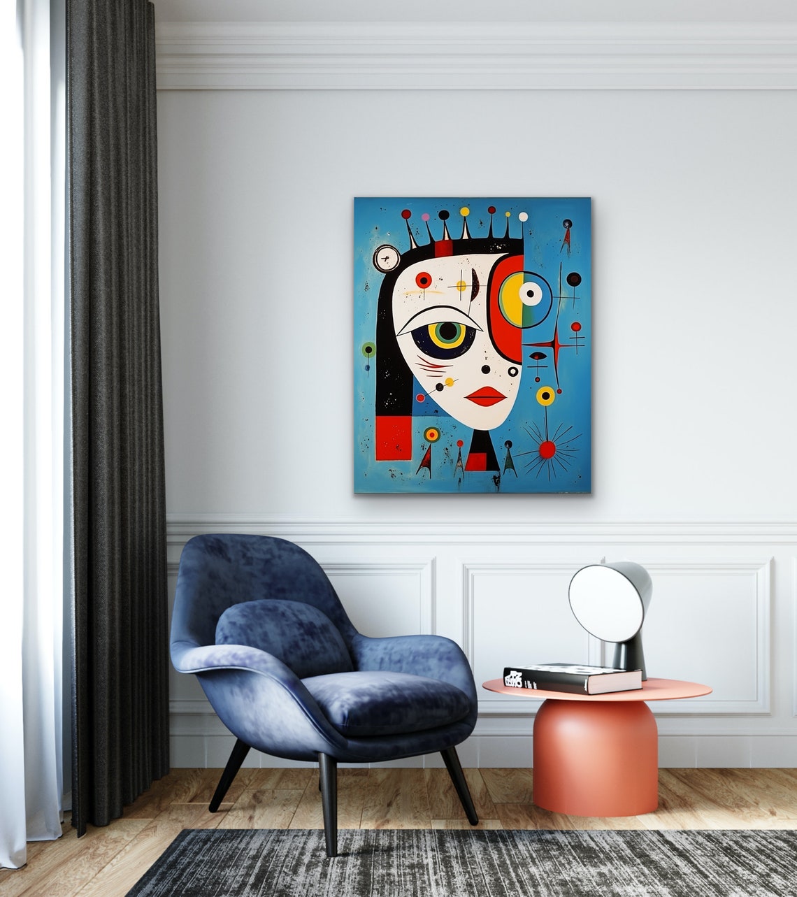 Miro Style Abstract Female Face on Vivid Blue Surrealism Poster - Image 2