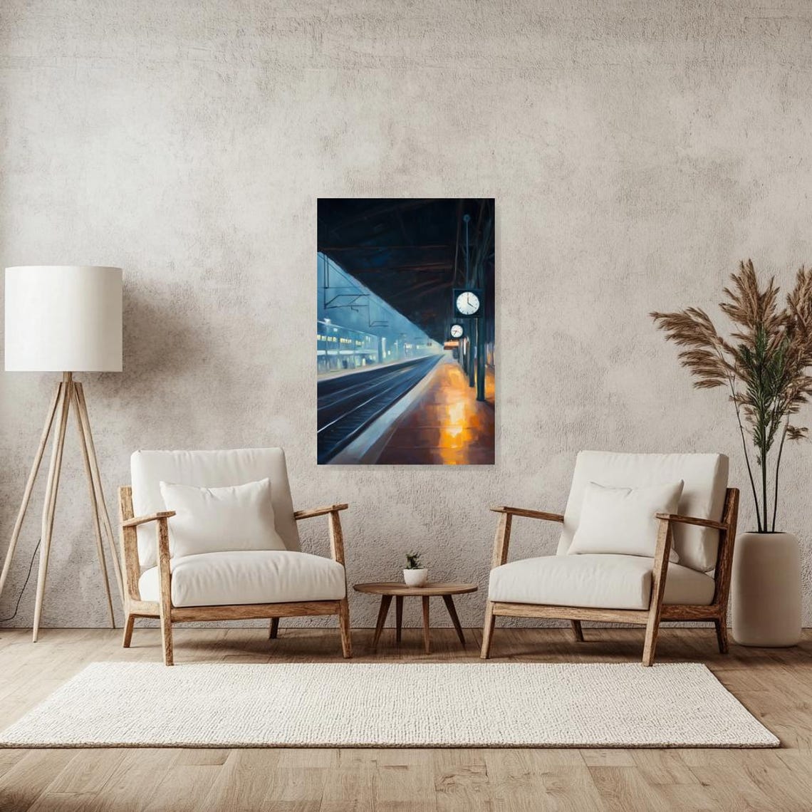 Rainy Railway Station Platform Night Clock Blue Hopper Style Poster - Image 3