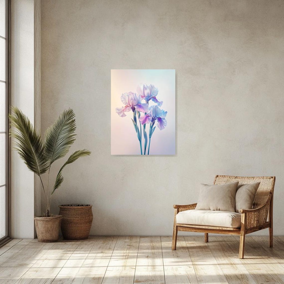 Pastel Blue and Pink Iris Blooms in Soft Morning Light Poster - Image 2
