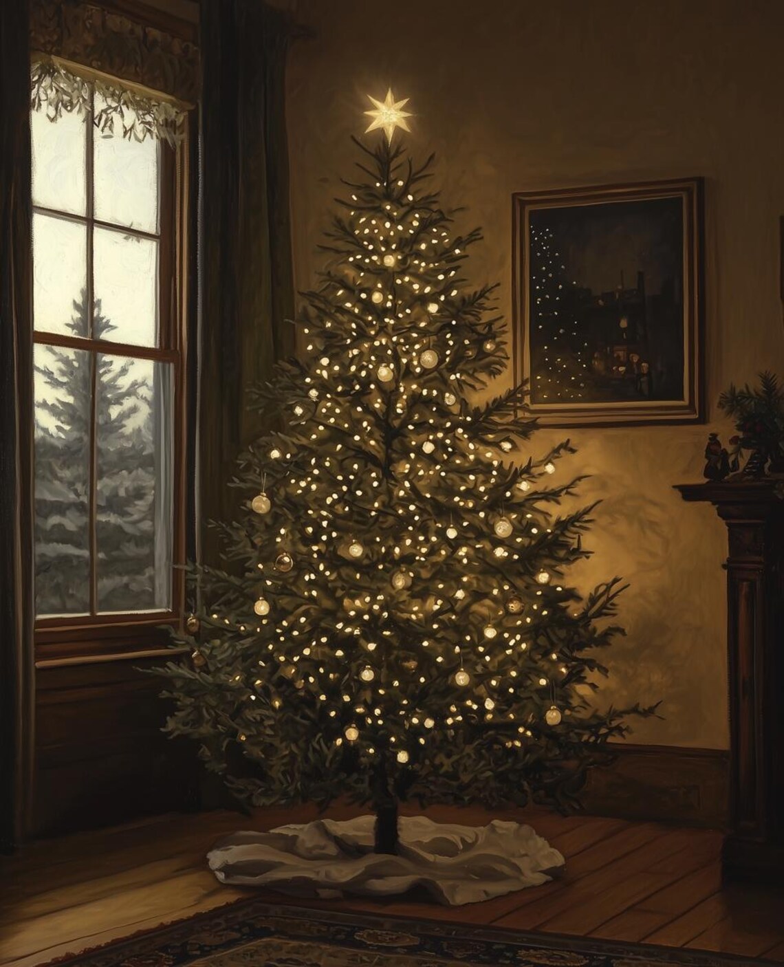 Glowing Christmas Tree in a Vintage Room by the Frosty Window Poster
