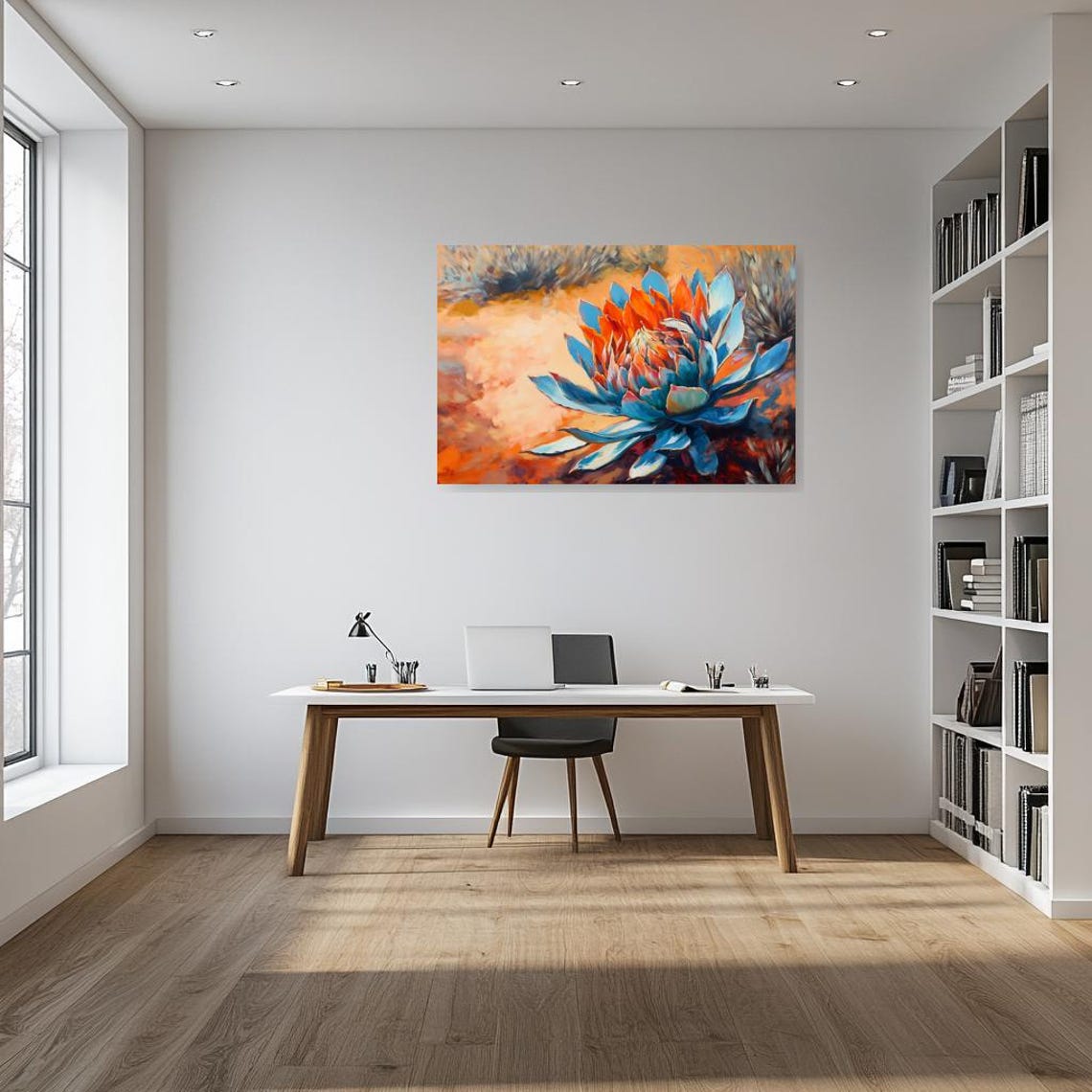 Bold Fiery Orange Protea Bloom Blue Leaves Desert Flower Poster - Image 2