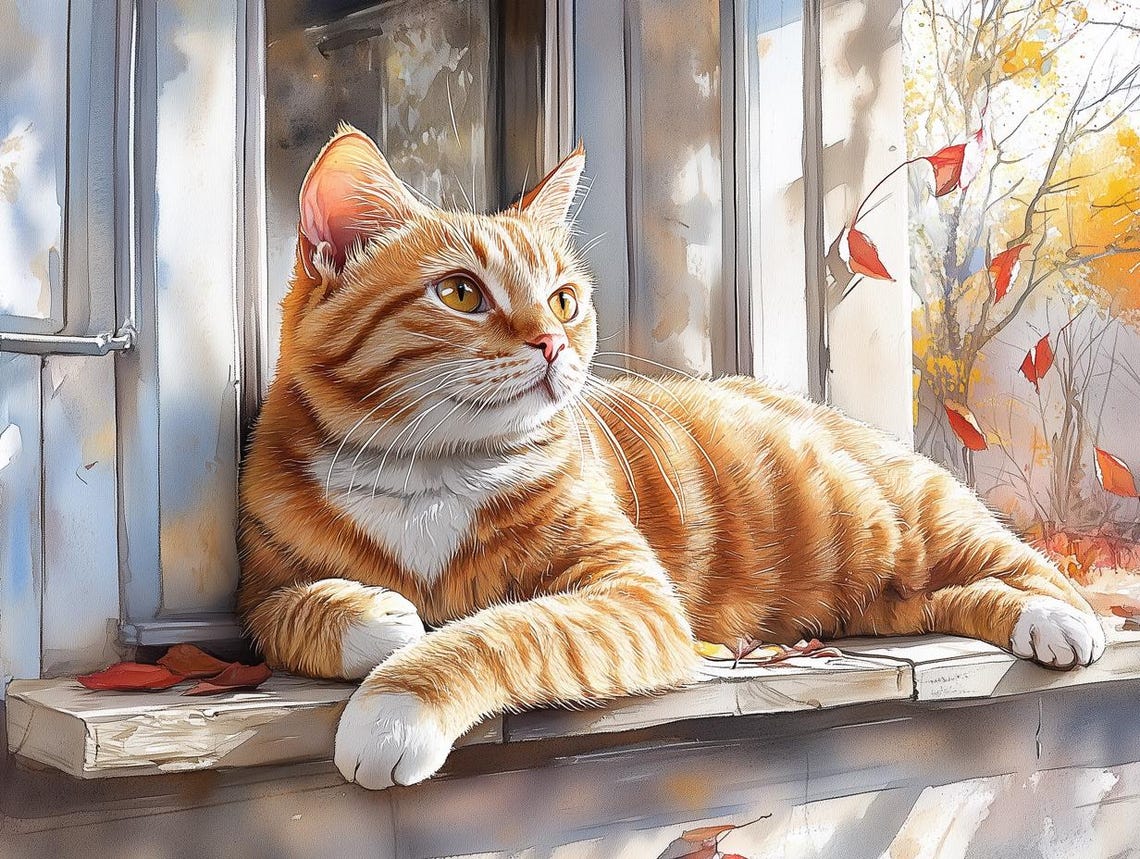 Ginger Orange Tabby Cat Lounging on an Autumn Windowsill Poster