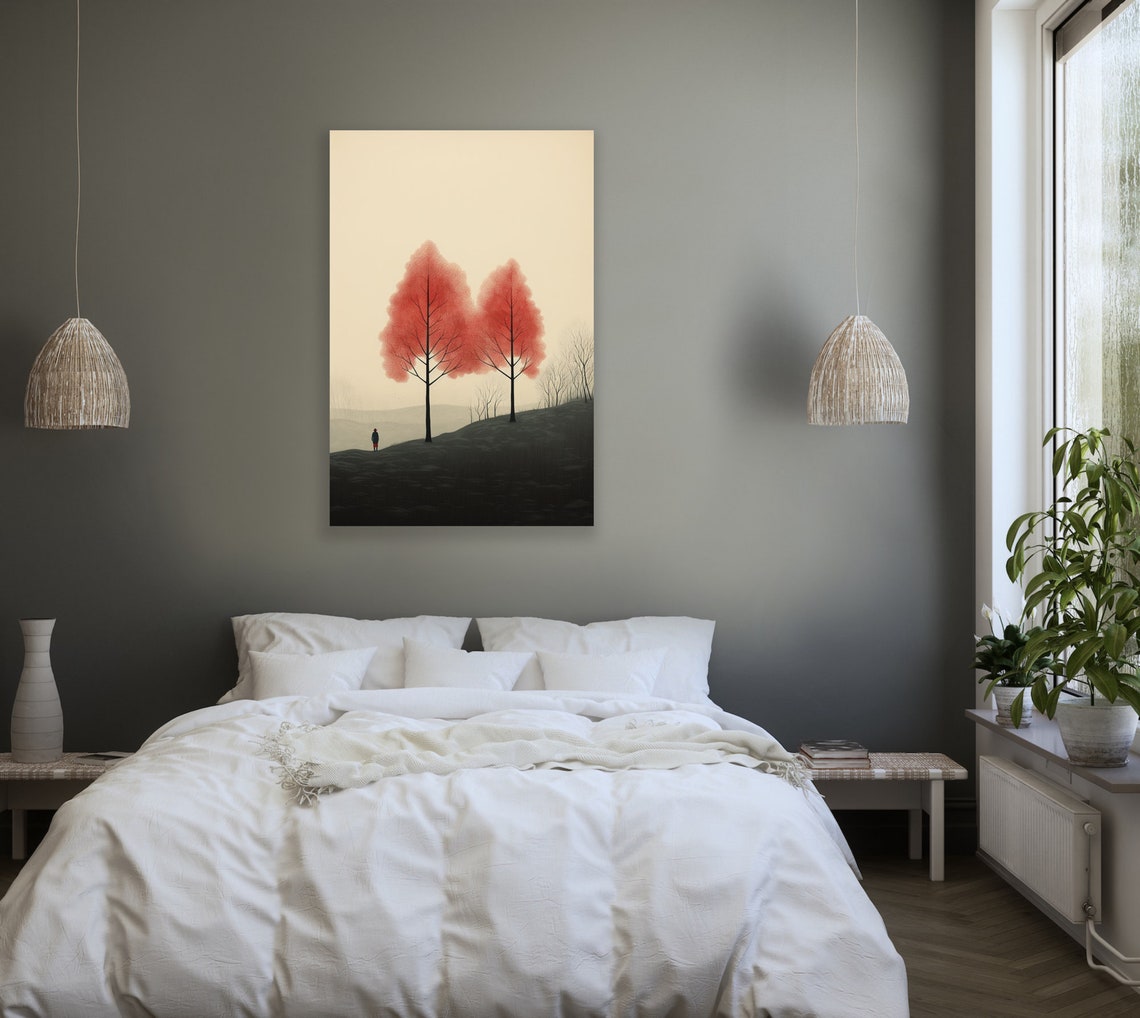 Two Red Trees on Misty Rolling Hills Minimalist Landscape Poster - Image 2