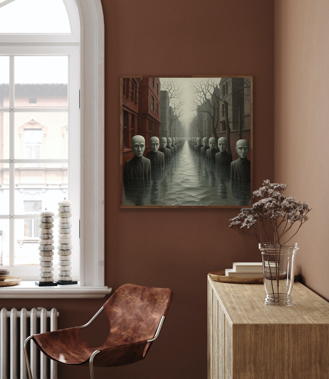 Surreal Flooded Street Rows of Silent Figures Mystery Poster - Image 2