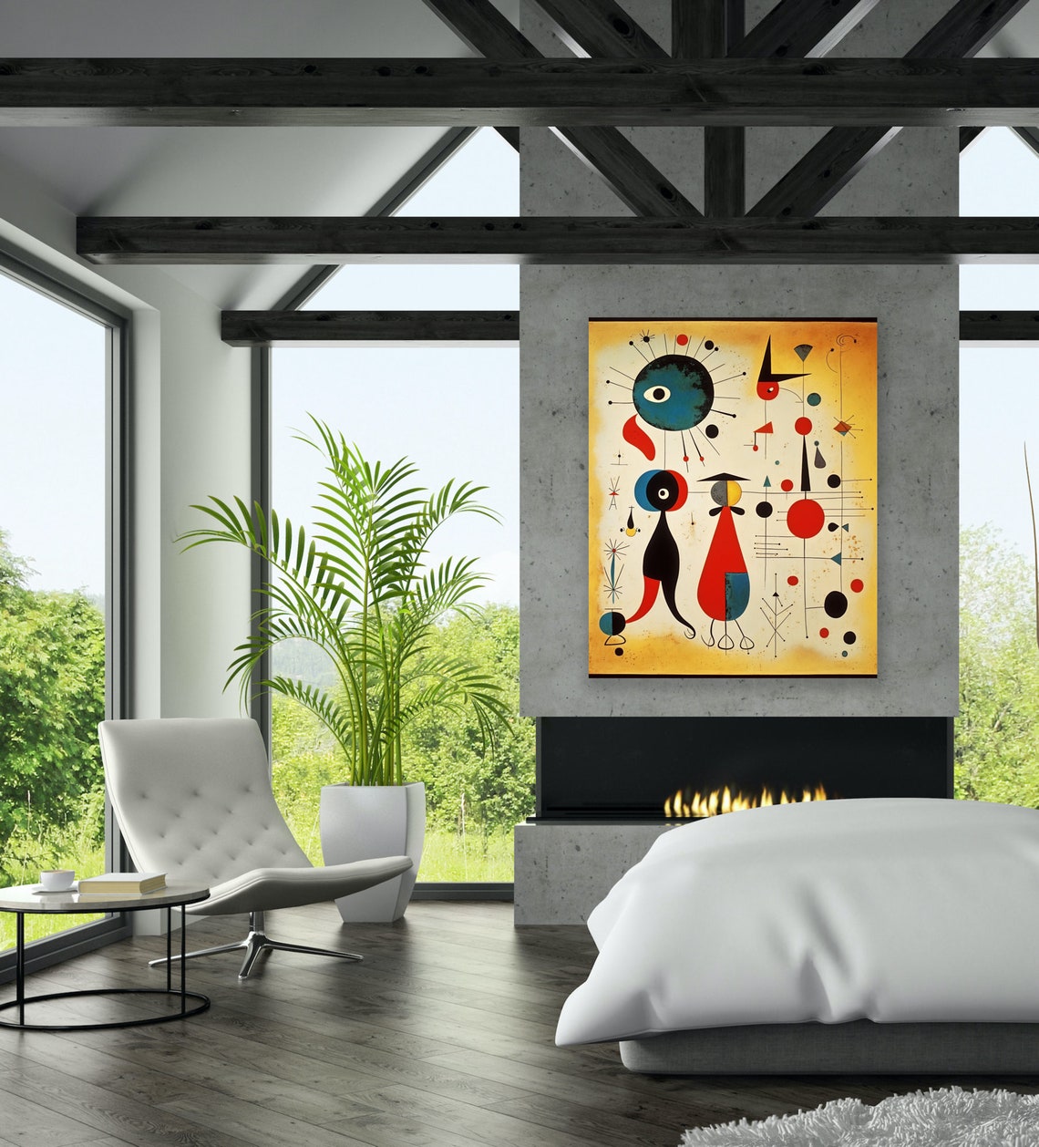 Miro Style Whimsical Abstract Figures on Ochre Modern Poster - Image 2