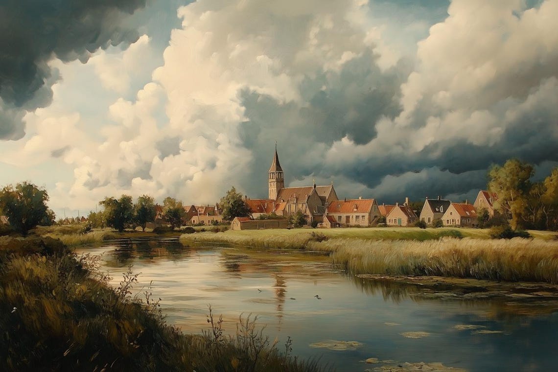 Dutch Masters Style Village Church Reflected in the River Poster