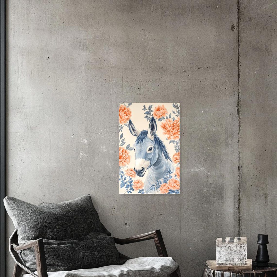 Blue Equine Portrait Surrounded by Lush Peach Peonies Poster - Image 4