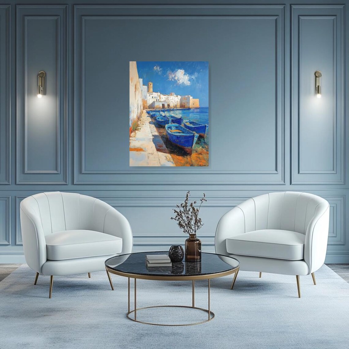 Mediterranean Harbor Blue Boats Coastal Village Impasto Oil Poster - Image 2