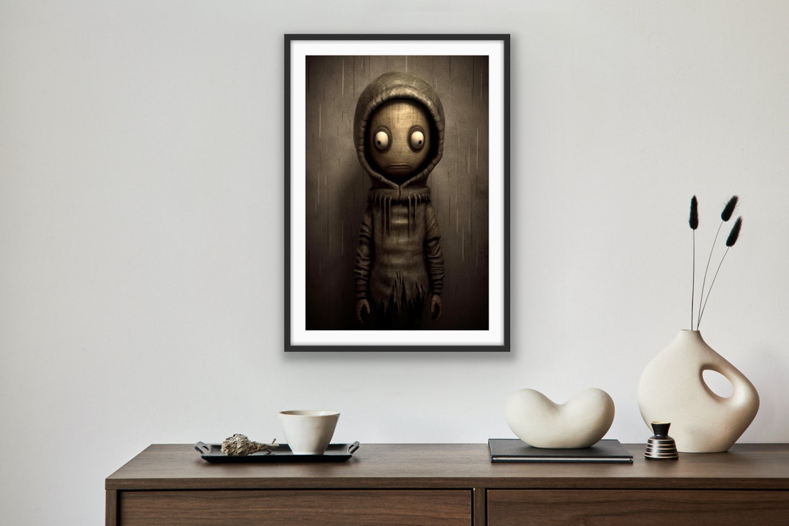 Hooded Wide-Eyed Figure Dark Surreal Portrait Gothic Art Wall Poster - Image 2
