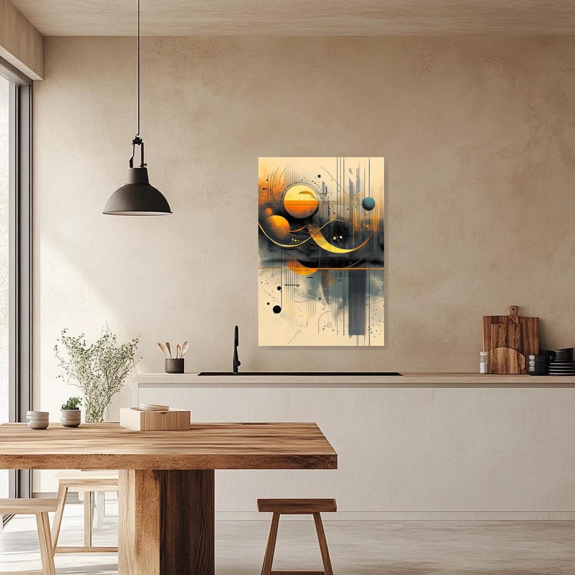 Abstract Geometric Print Inspired By Kandinsky In Warm Gold And Blue Hues For Modern Wall Art And Home Decor - Image 3