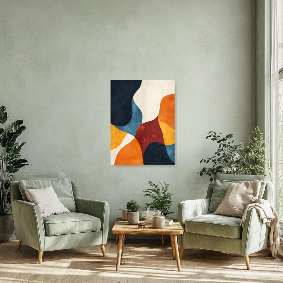 Warm Abstract Fluid Shapes Painting in Navy Orange and Cream Poster - Image 3