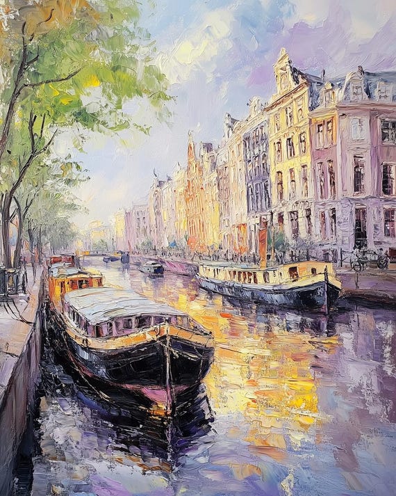Dutch Canal Sunset Impressionist Print Art For Home Decor Vibrant Colors Textured Wall Art