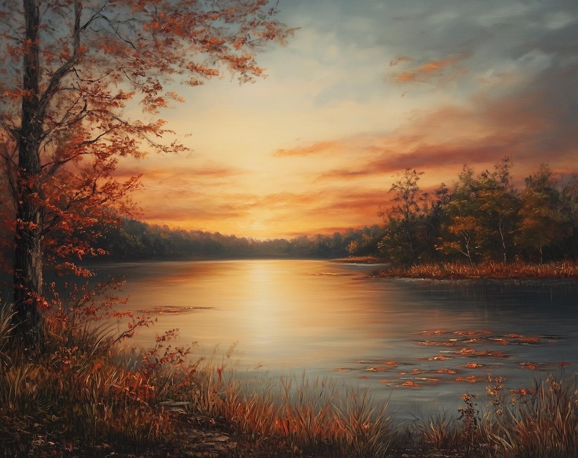 Autumn Sunset, Impressionism Tranquil Landscape Art Print