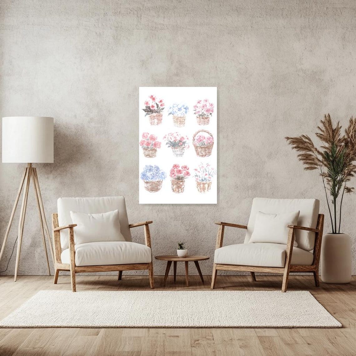 Nine Watercolor Flower Baskets in a Grid Botanical Scene Poster - Image 3