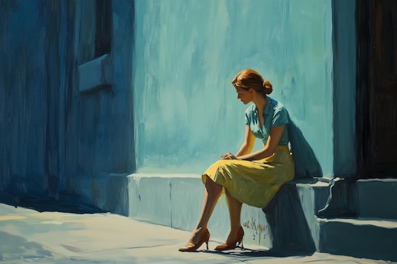 Hopper Style Pensive Woman in a Yellow Skirt in American Realism Style Poster