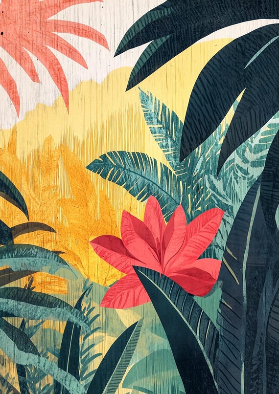 Tropical Paradise Print Inspired By Matisse With Vibrant Leaves And Bold Flowers Ideal For Home Decor