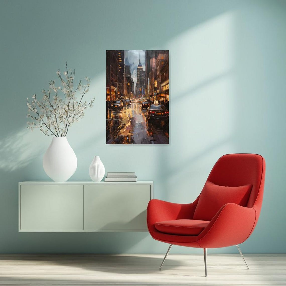 Wet New York City Street with Taxis at Dusk Impressionist Poster - Image 3