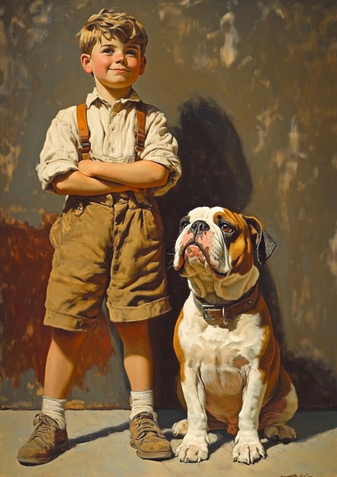 Vintage Portrait Boy With English Bulldog Classic Painting Wall Poster