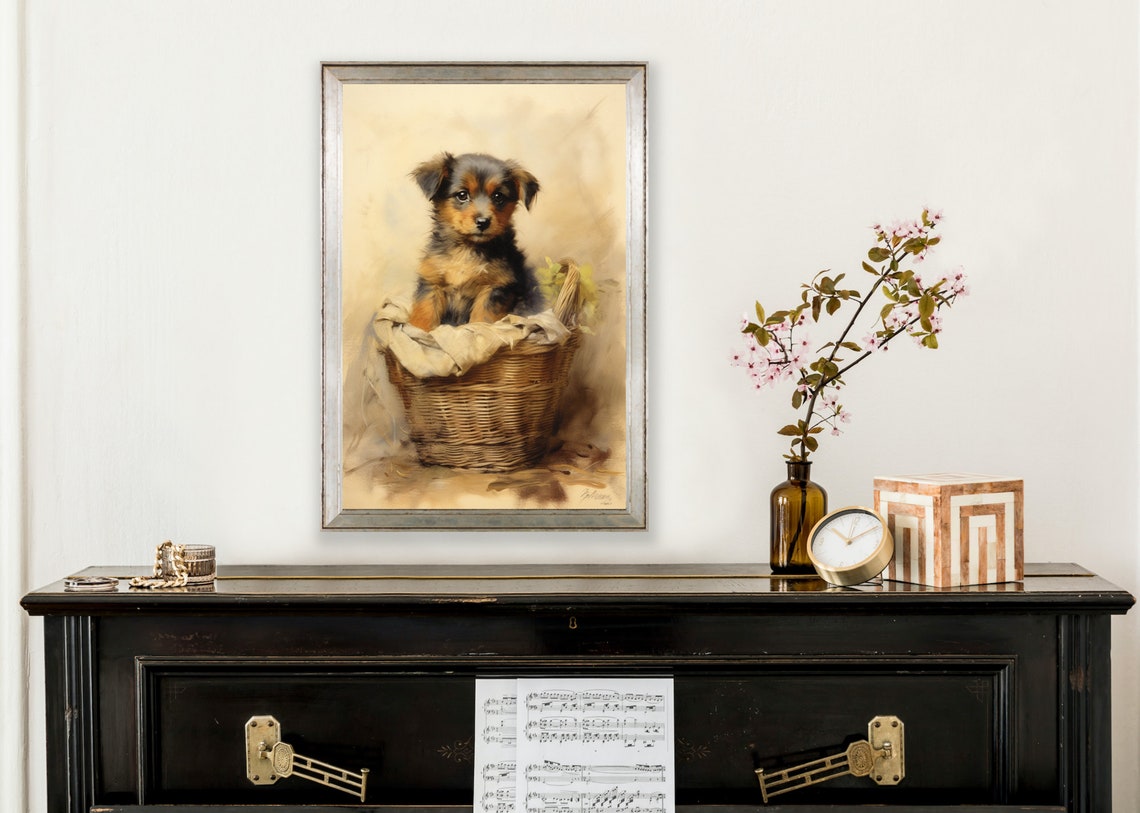 Cute Black Puppy In Basket Watercolor Nursery Painting Poster - Image 2