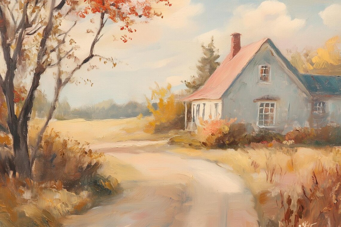 Quiet Country Farmhouse With a Pink Roof on an Autumn Road Poster