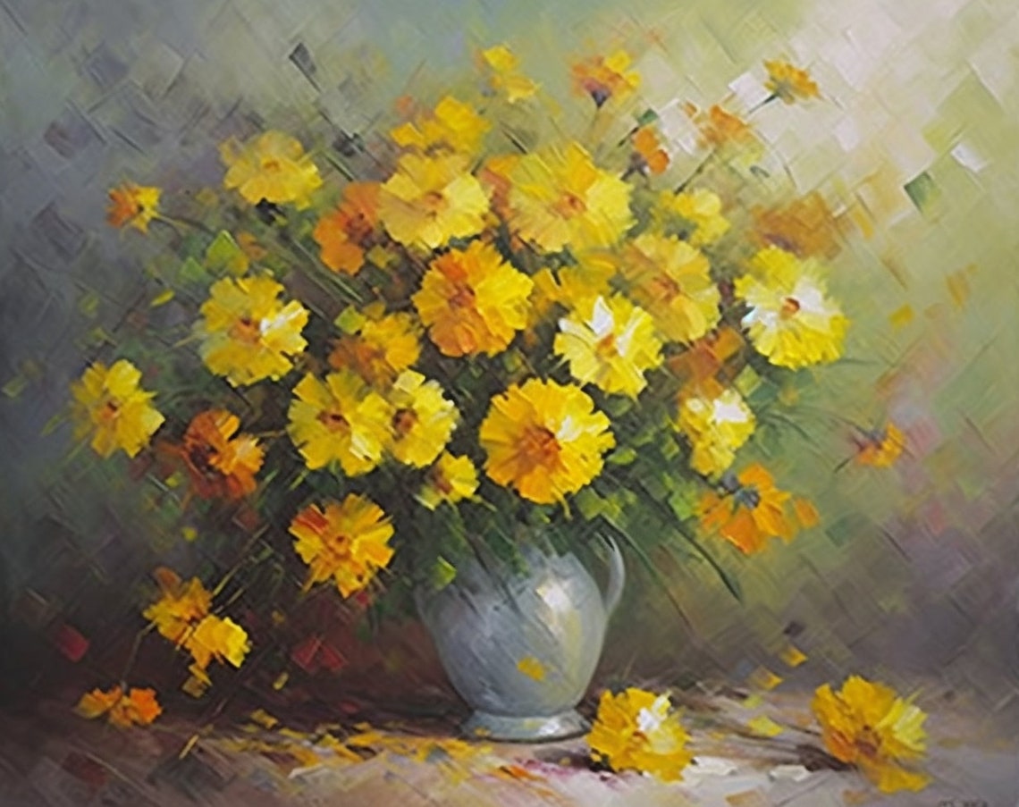 Bright Yellow Flowers in Pitcher Impressionist Floral Art Poster