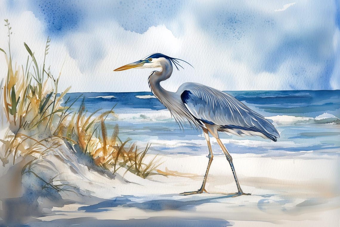 Great Blue Heron Watercolor Beach Shorebird Wildlife Scene Poster