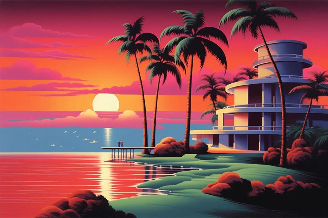 Miami Sunset Palm Trees Art Deco Tower Ocean Retro Scene Poster
