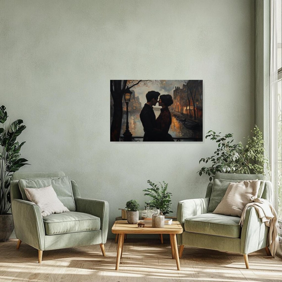 Romantic Night Kiss On City Bridge Canal Lights Painting Poster - Image 2