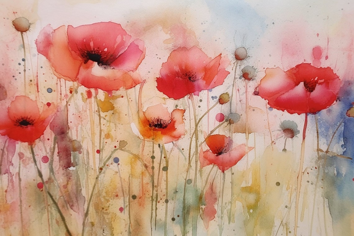 Captivating Red Watercolor Poppies Summer Wildflower Field Poster