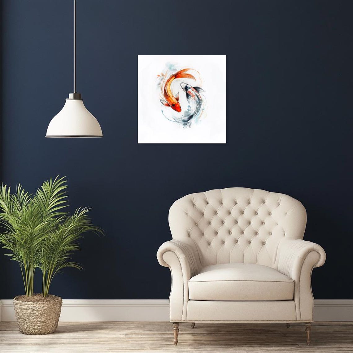 Koi Fish Print Watercolor Art Home Decor Wall Art In The Style Of Japanese Ink Painting With Vibrant Orange And Blue Accents - Image 2