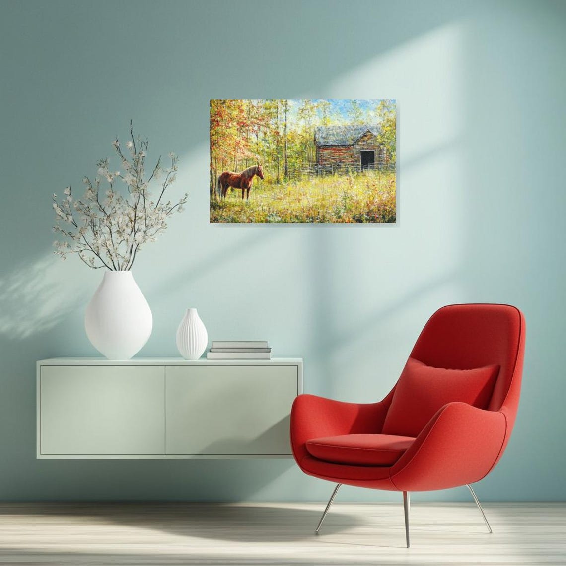 Golden Chestnut Horse Rustic Barn Autumn Meadow Country Poster - Image 2