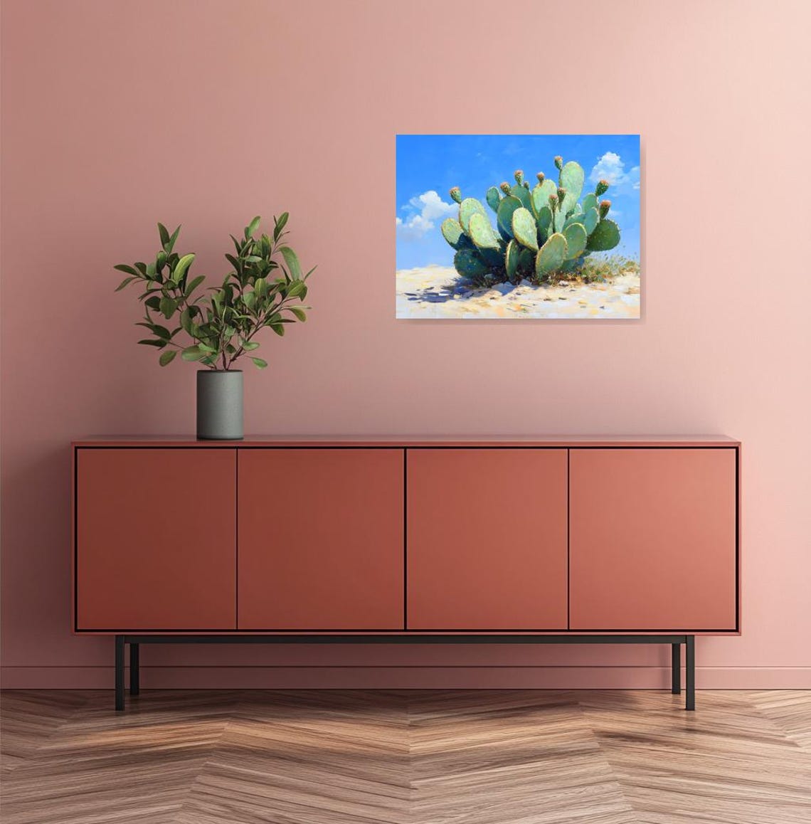 Prickly Pear Cactus Under a Bright Blue Sky Impressionist Oil Poster - Image 3