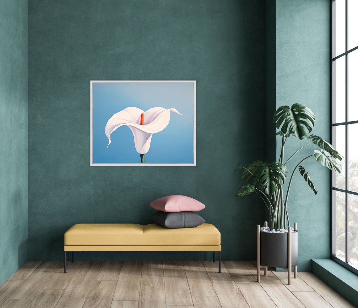 White Calla Lily on Blue Background Minimalist Botanical Flower Poster - Image 2