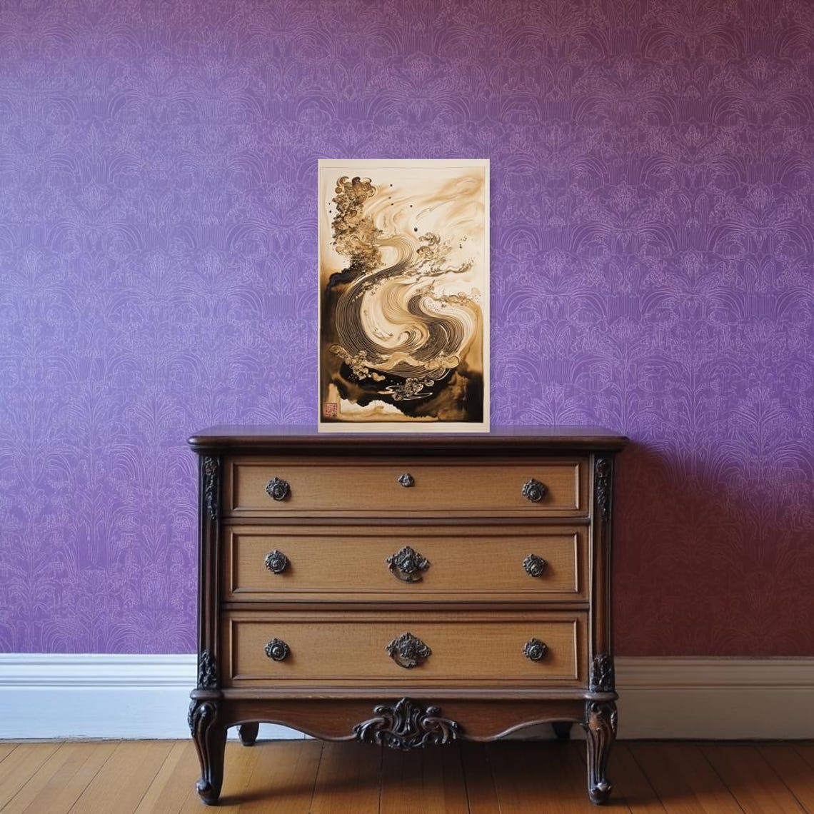 Sepia Ink Wind and Waves in a Classic Japanese Style Art Poster - Image 4