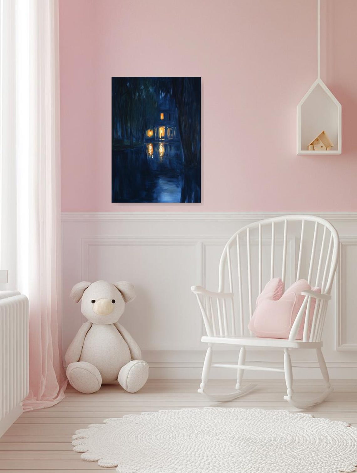 Glowing House in a Dark Blue Midnight Forest Lake Water Poster - Image 3