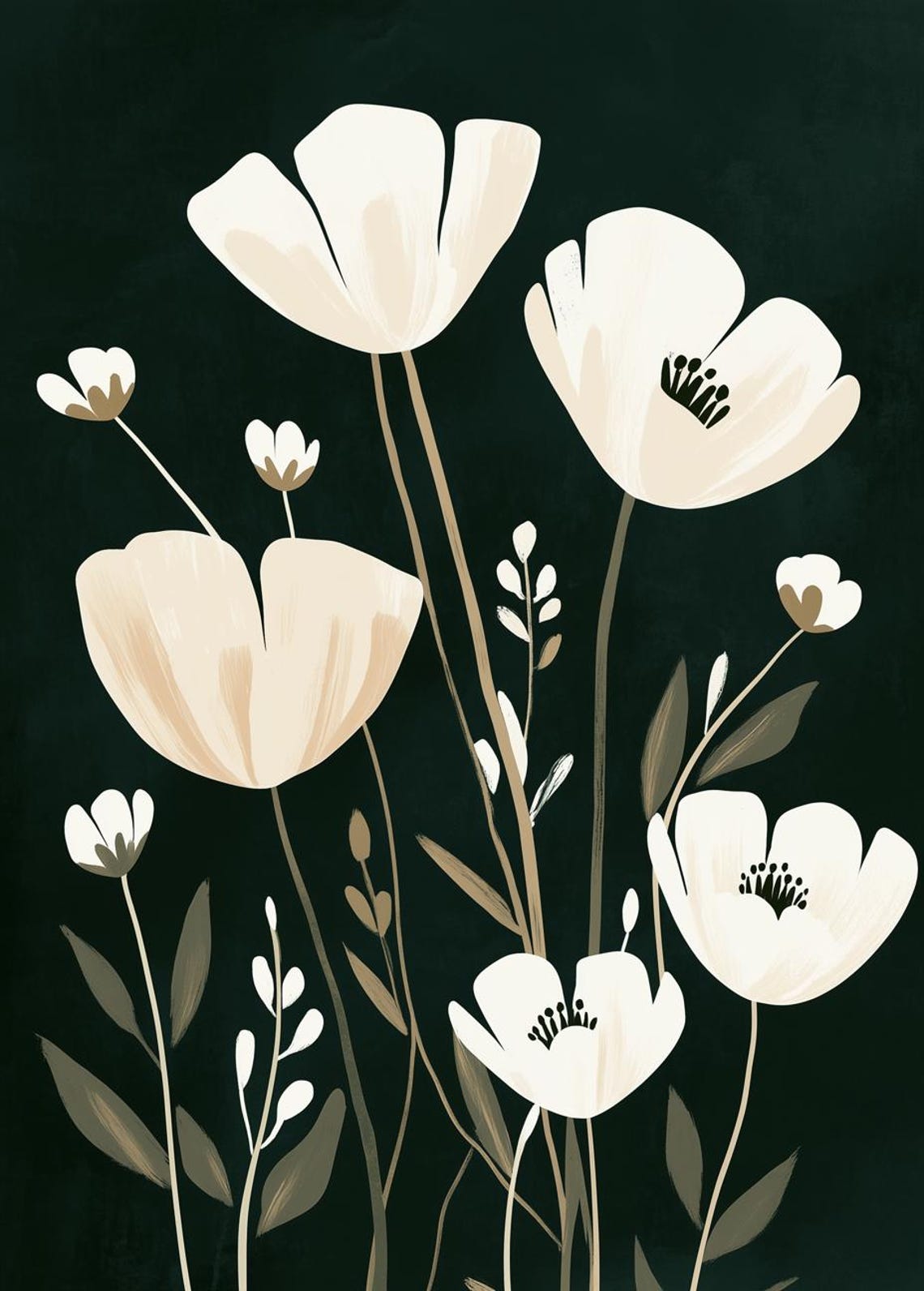 White Blossoms Dark Background Scandinavian Minimal Floral Poster