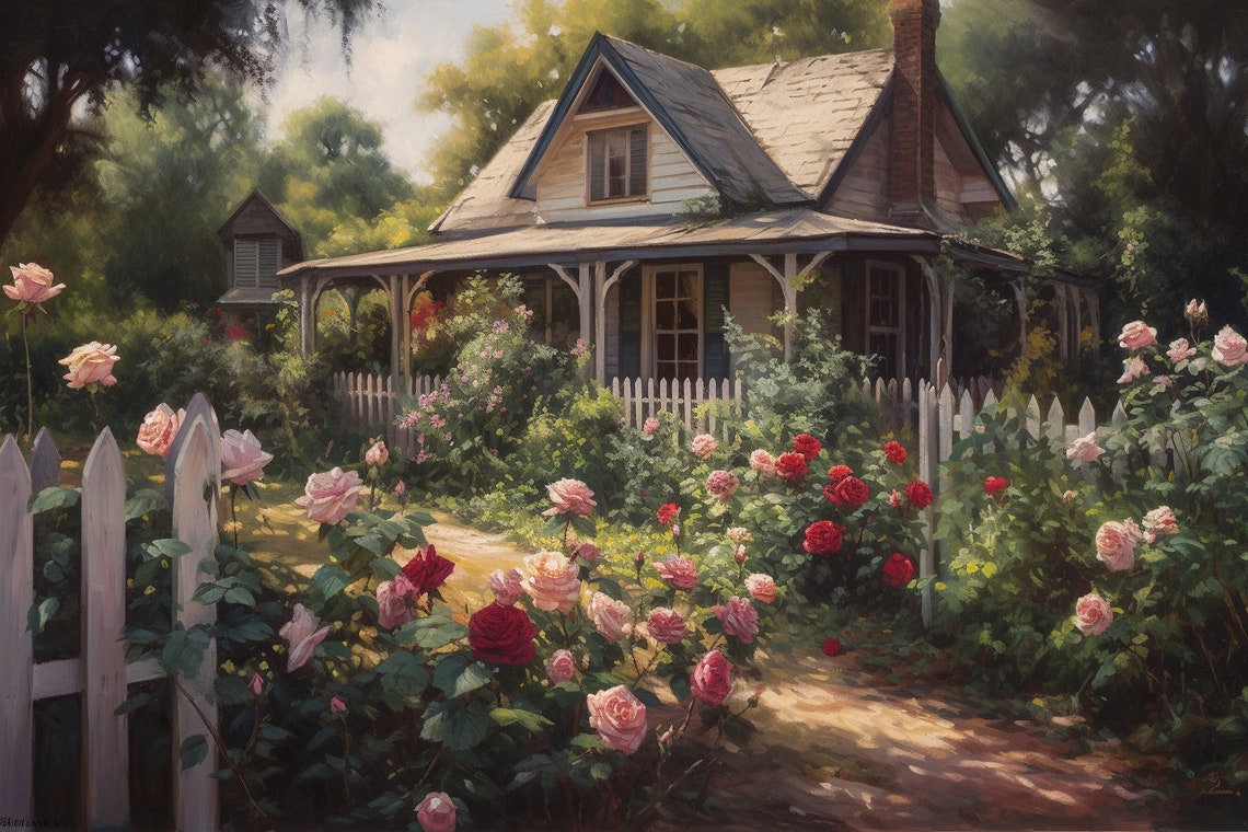 Cottage with Porch and Rose Garden White Picket Fence Poster