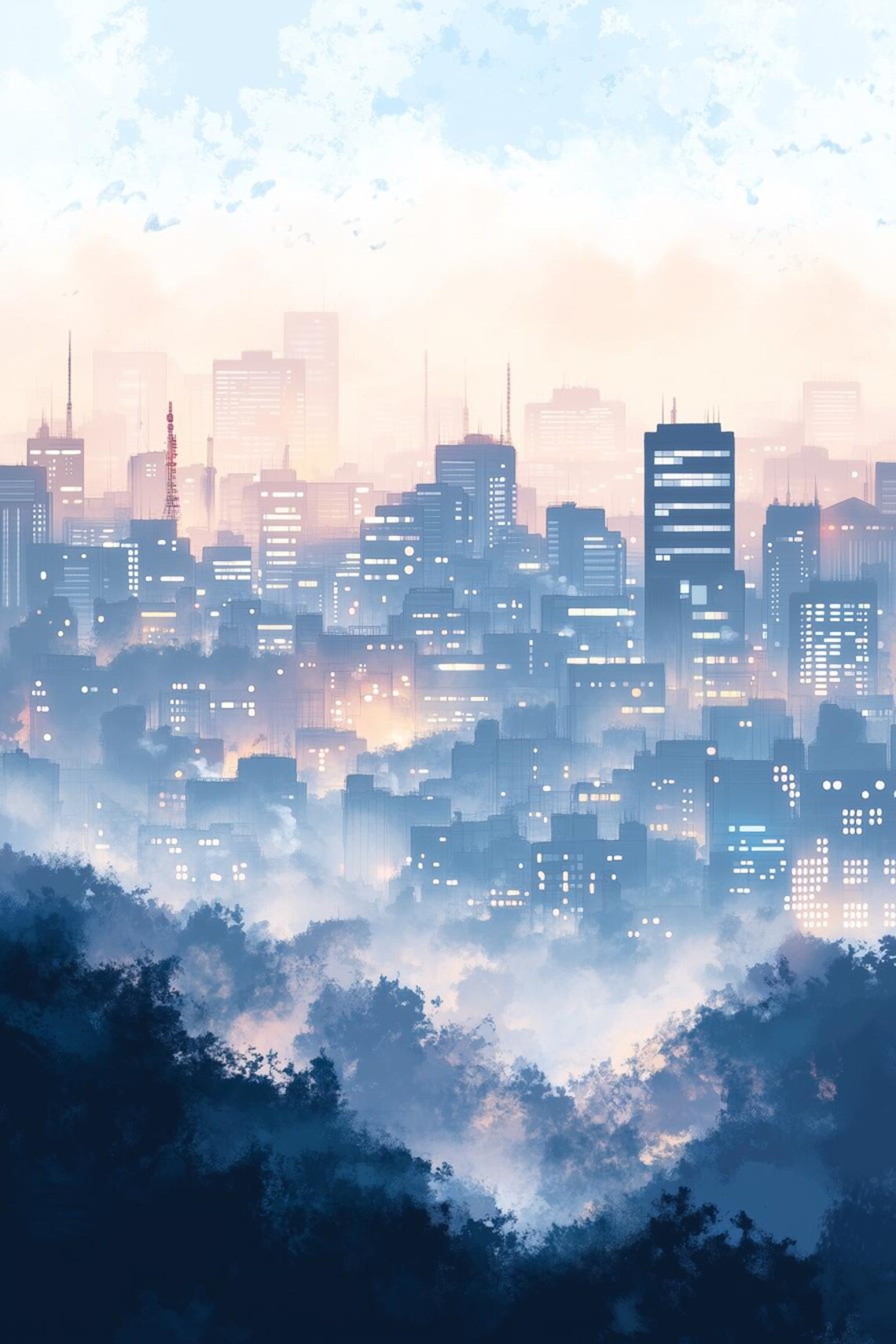 Soft Blue Foggy City Skyline Dawn Urban Hopper Style Art Poster