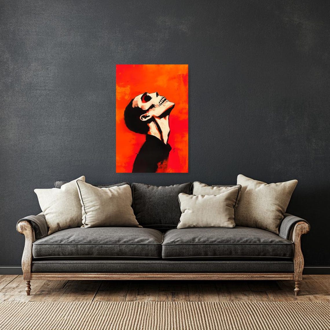 Bold Print Inspired By Edvard Munch Featuring A Striking Skull Against Fiery Orange Background Unique Wall Art Decor - Image 3