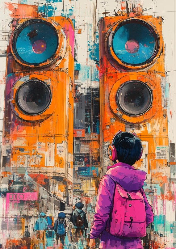 Vibrant Street Art Print With Urban Soundscapes In Orange And Blue Original Home Decor Wall Art