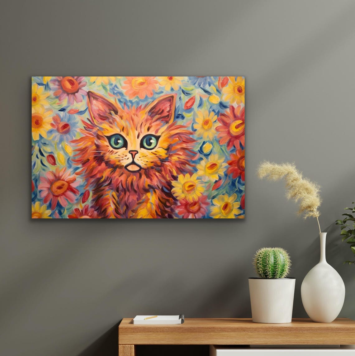 Electric Orange Cat Big Eyes Flowers Whimsical Fantasy Poster - Image 2