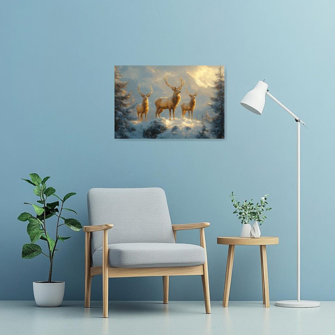 Three Stags in a Golden Snowy Mountain Landscape Winter Poster - Image 3
