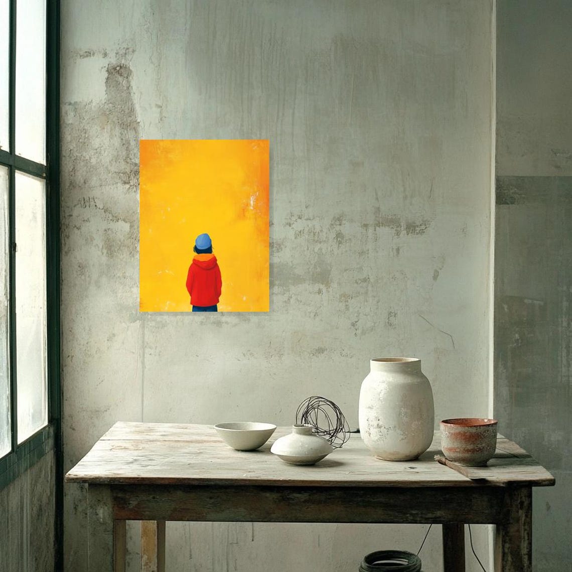 Small Child in a Red Hoodie Facing a Golden Yellow Wall Poster - Image 3
