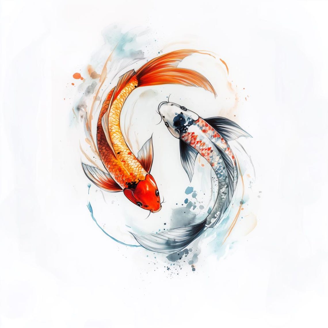 Yin Yang Koi Fish Watercolor Japanese Ink Painting Poster Orange White