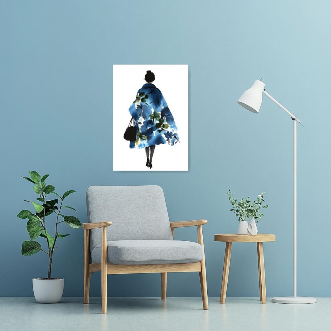 Woman in Blue Floral Coat Back View Fashion Watercolor Art Poster - Image 3